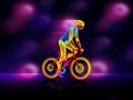 Bright, glowing silhouette of bicyclist on podium. Stylish poster, banner. Vector illustration