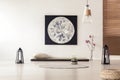 Bright and simple bedroom interior with asian style tatami mat b Royalty Free Stock Photo