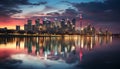 Bright skyline reflects on water, illuminating city generated by AI