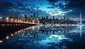 Bright skyline reflects on water, illuminating city life generated by AI