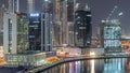 Bright skyscrapers in Dubai near canal aerial timelapse Royalty Free Stock Photo