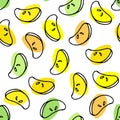 Bright slice citrus seamless pattern. Citrus hand drawn vector doodle sketch with orange, yellow, green colors. Food