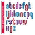 Bright smooth retro geometric characters set, colorful vector rounded lowercase letters isolated on white background.