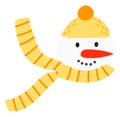 Bright snowman vector wearing a striped scarf and hat smiling in winter scene. Cheerful snowman illustration with carrot