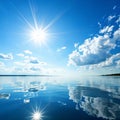 Solar sky background with blue sky and sun reflection in water Royalty Free Stock Photo