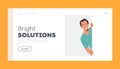 Bright Solutions Landing Page Template. Young Smiling Curious Male Character Peeking From Behind Wall with Rectangle