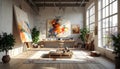 Bright and Spacious Artists Studio with Large Windows and Artwork Royalty Free Stock Photo