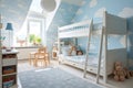 Bright and spacious children's attic room with light blue walls. White wooden beds, cloud-patterned wallpaper, and Royalty Free Stock Photo