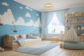 Bright and spacious children& x27;s attic room with light blue walls. White wooden beds, cloud-patterned wallpaper Royalty Free Stock Photo