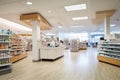 Bright spacious interior of a modern pharmacy with product displays
