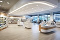 Bright spacious interior of a modern pharmacy with product displays