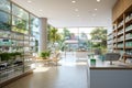 Bright spacious interior of a modern pharmacy with product displays