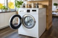 Bright and Spacious Laundry Room with Modern Washer, Organizational Shelving, and Essential Laundry Supplies