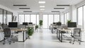 Bright modern open-plan office interior with rows of desks computers chairs and large windows overlooking city Royalty Free Stock Photo
