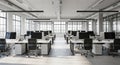 Bright and Spacious Office Interior with Rows of Desks and Large Windows workspace open plan Royalty Free Stock Photo
