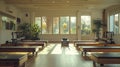 Bright and spacious Pilates studio with reformers and greenery Royalty Free Stock Photo