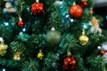 Bright sparkling glass balls hang on the green branches of the Christmas tree