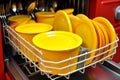 Bright, Sparkling Yellow Dishes Glistening Clean in the Dishwasher - Pristine Kitchenware