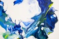 Bright spills of dark blue, blue, yellow colors on a white background. Modern abstract painting.