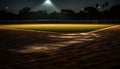 Bright spotlight illuminates empty soccer field at dusk, nature backdrop generated by AI Royalty Free Stock Photo