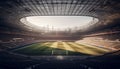 Bright spotlight illuminates large soccer field, crowded with enthusiastic fans generated by AI