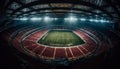 Bright spotlight illuminates large soccer field at night, empty bleachers generated by AI