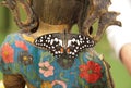 A bright, spotted butterfly on a Buddha statue. Butterfly with black, white, red pattern. Royalty Free Stock Photo