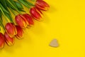 Bright spring composition with warm colors. Group of red with yellow tulip flowers and wooden heart as a symbol of love, Royalty Free Stock Photo