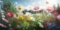 Bright spring daisies and wild flowers in the grass. Generative ai