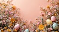 Bright Spring Easter Theme with Spring Blooms and Decorated Eggs Royalty Free Stock Photo