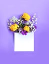 Bright spring flower arrangement.Yellow flowers of trolius europaeus on a lilac background and a white piece of paper for congratu