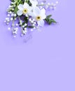 Bright spring flower arrangement. Yellow flowers of trolius europaeus and white daffodils on a lilac background. Bright light colo