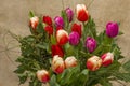 Bright spring flowers tulips bouquet on the table directly above view, colorful pink, red and yellow blooming tulips in vibrant Royalty Free Stock Photo