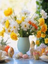 Bright Spring Flowers in Vase with Easter Eggs, Festive Table Decoration