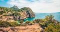 Bright spring panorana of West Court of Heraion of Perachora, Limni Vouliagmenis location. Wonderful morning seascape of Aegean