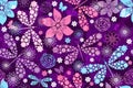 Bright spring purple seamless pattern with stylized dragonflies and butterflies