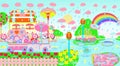 Bright Spring Rain and Sweet Light Blue Pink Cartoon Bunny Rabbit Driving a Trunk Load of Many Flowers in Springtime Illustration