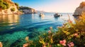 Bright spring view of the Cameo Island. Picturesque morning scene on the Port Sostis, Zakinthos island, Greece, Europe. Beauty of