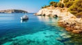 Bright spring view of the Cameo Island. Picturesque morning scene on the Port Sostis, Zakinthos island, Greece, Europe. Beauty of