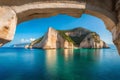 Bright spring view of the Cameo Island. Picturesque morning scene on the Port Sostis, Zakinthos island, Greece, Europe. Beauty of