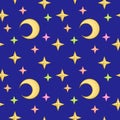 Bright square children\'s pattern, yellow moon with multicolored stars on a dark blue background, seamless pattern Royalty Free Stock Photo