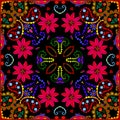 Bright square pattern with red flowers and paisley. Colorful print for bandana, scarf, pillowcase, rug. Summer design Royalty Free Stock Photo