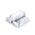 Bright stack of three realistic glossy silver bars in isometric view on white