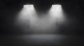 Bright stadium floodlights shining through fog at night creating dramatic illuminated empty space Royalty Free Stock Photo