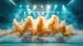 The bright stadium lights illuminated the arena with a dazzling display, casting shadows through the thick cloud of smoke that Royalty Free Stock Photo