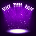 Bright stadium spotlights on dark violet background