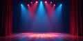 Bright stage spotlights illuminate empty theatre, beam, scene Royalty Free Stock Photo