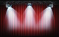 Bright stage spotlights shining on red curtain background. 3d re