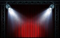 Bright stage spotlights shining on red curtain background