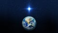 Bright star over planet earth. Christmas star of the Nativity of Bethlehem, Nativity of Jesus Christ. Elements of this image Royalty Free Stock Photo